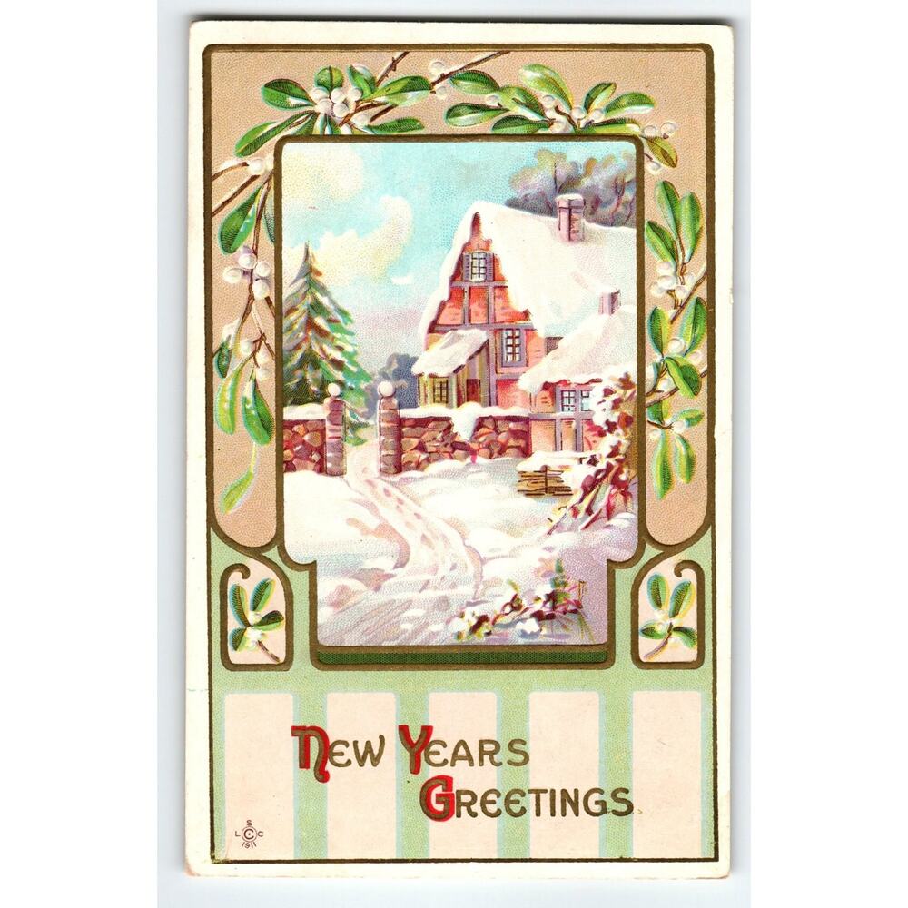 Vintage 1911 New Years Greetings Snowy Cottage Lithograph Postcard